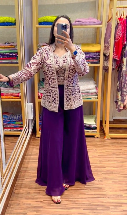 Purple Color Beautiful Plazo Blouse Koti Dress in Georgette Fabric