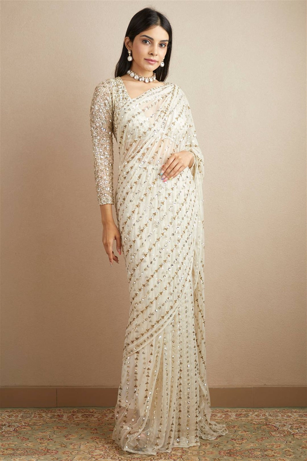 White Color Beautiful Partywear Saree in Georgette fabric Buy It now