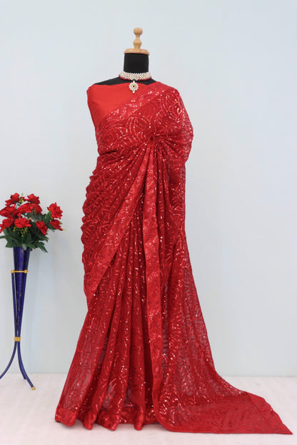 Red Color Beautiful Georgette Partywear Saree