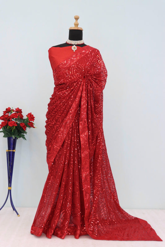 Red Color Beautiful Georgette Partywear Saree