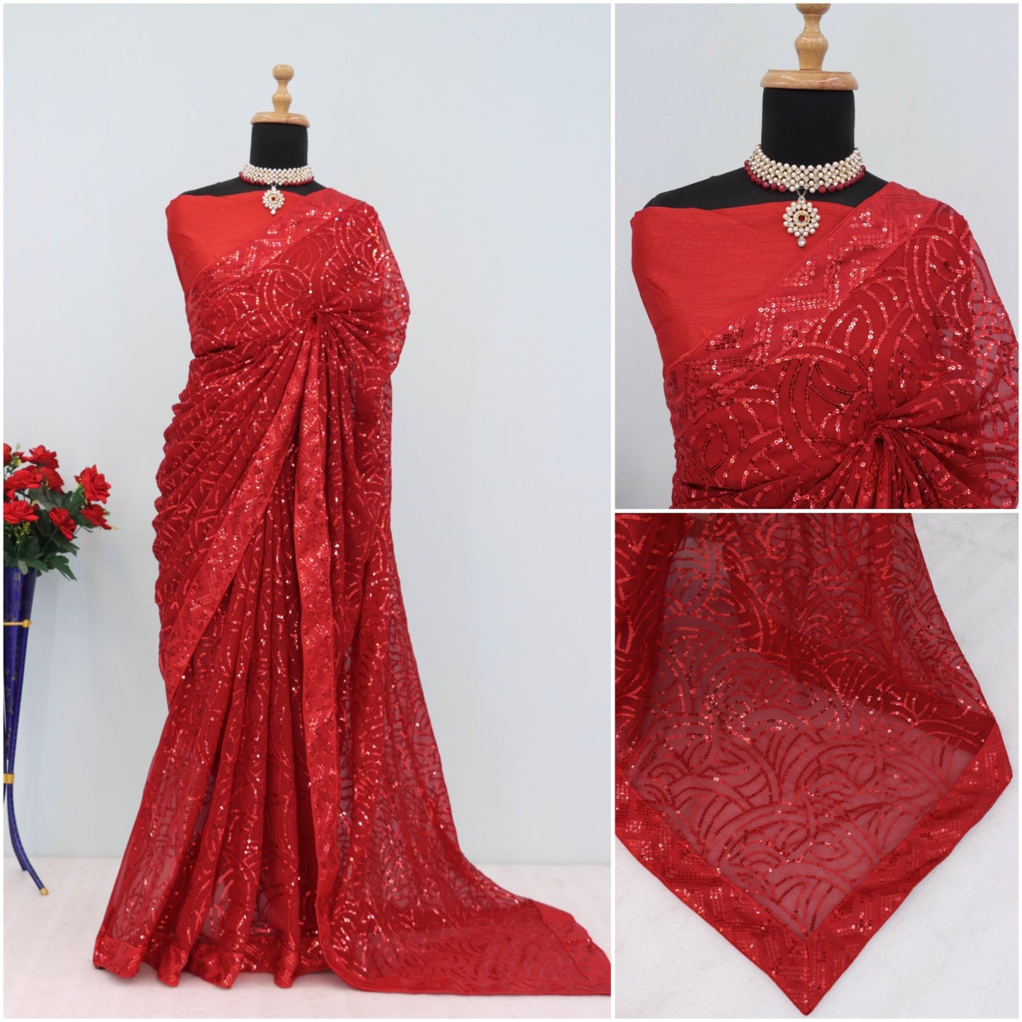 Red Color Beautiful Georgette Partywear Saree