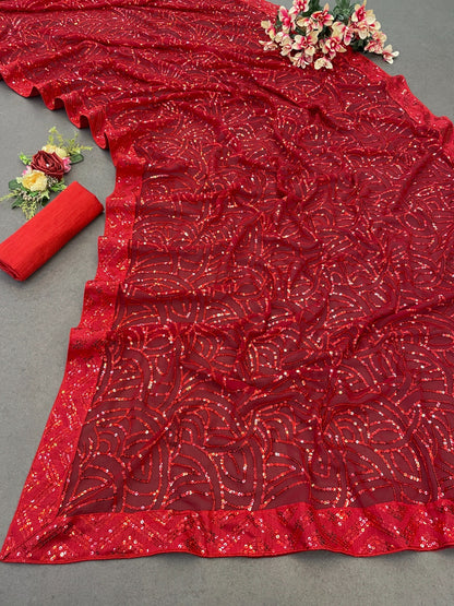 Red Color Beautiful Georgette Partywear Saree