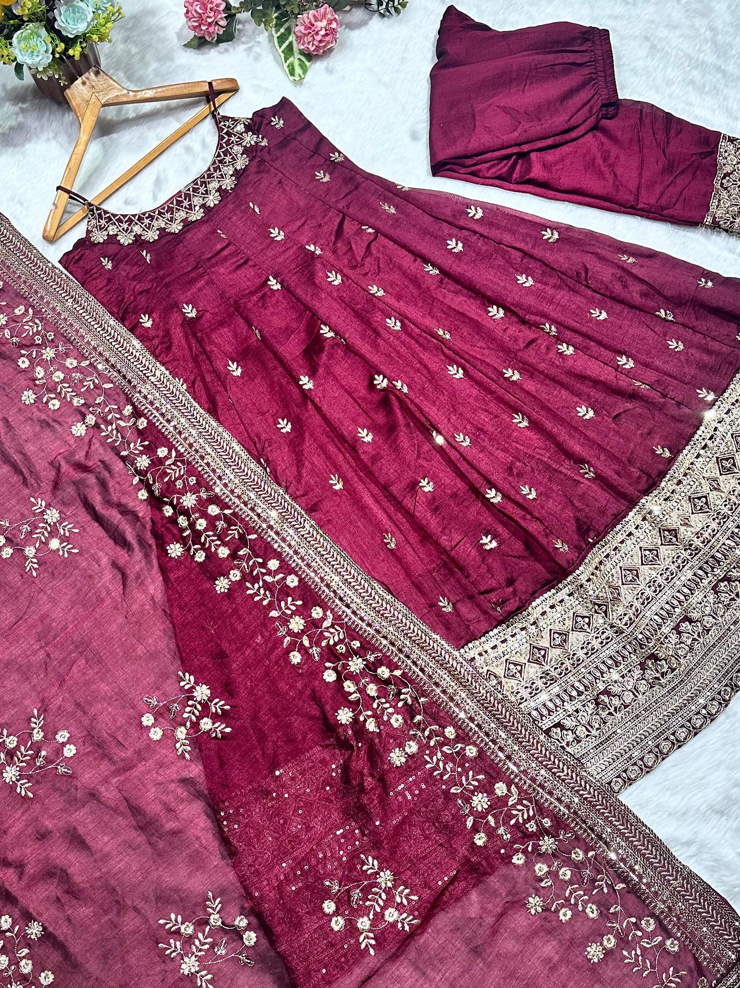Pure Vichitra Silk Premium Quality Maroon Anarkali Suit Set