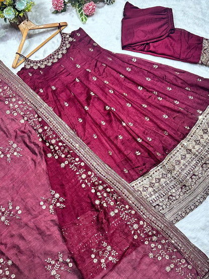 Pure Vichitra Silk Premium Quality Maroon Anarkali Suit Set