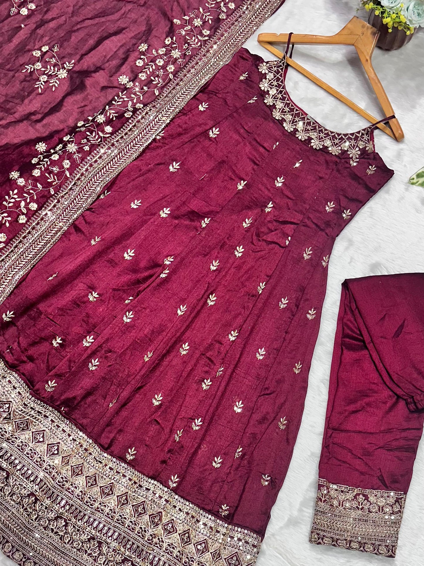 Pure Vichitra Silk Premium Quality Maroon Anarkali Suit Set