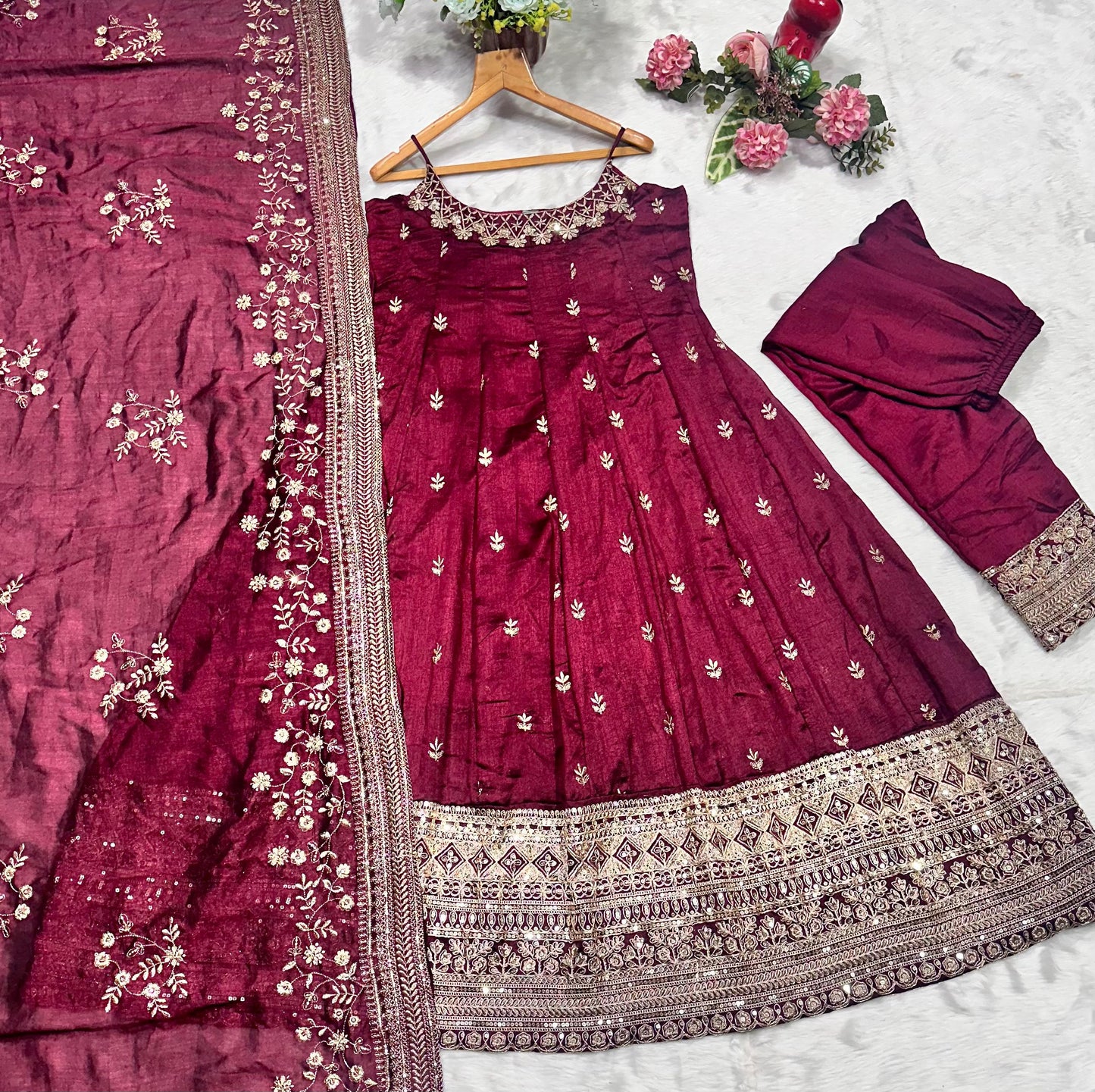 Pure Vichitra Silk Premium Quality Maroon Anarkali Suit Set