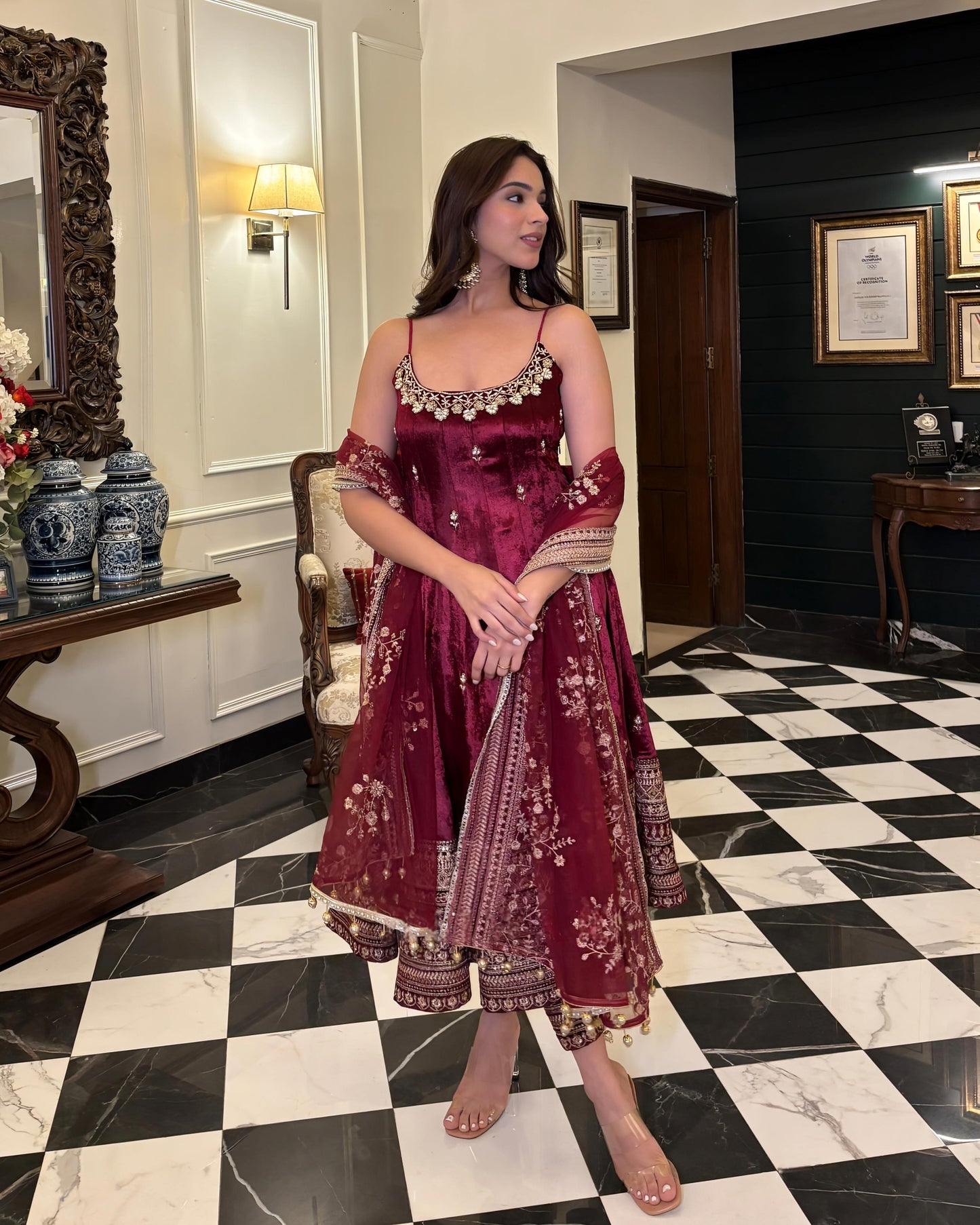 Pure Vichitra Silk Premium Quality Maroon Anarkali Suit Set