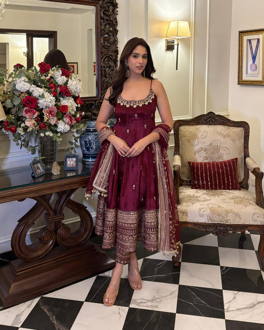 Pure Vichitra Silk Premium Quality Maroon Anarkali Suit Set