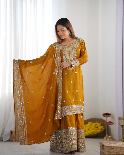 yellow Color Beautiful Chinon Silk Fabric Dress