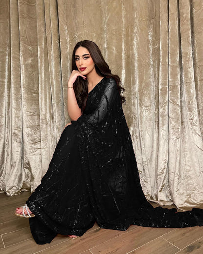 Fancy Saree In Georgette Fabric in black color