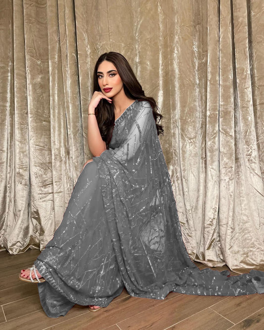 Fancy Saree In Georgette Fabric in grey color