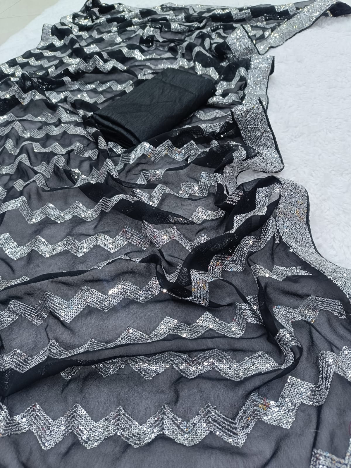 Black Color Sequin Saree in Georgette Fabric
