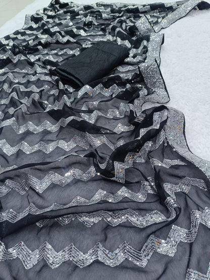 Black Color Sequin Saree in Georgette Fabric
