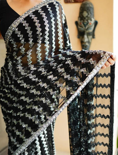 Black Color Sequin Saree in Georgette Fabric