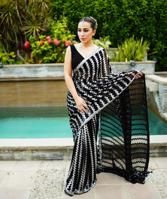 Black Color Sequin Saree in Georgette Fabric