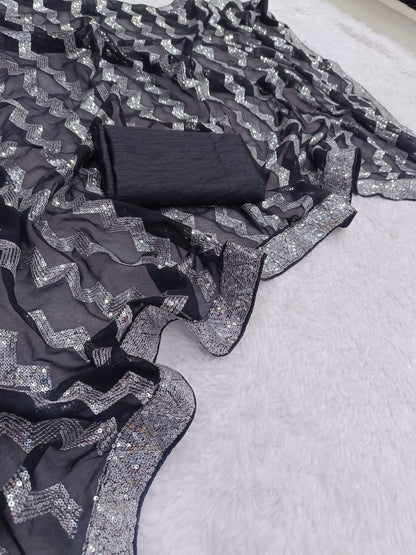 Black Color Sequin Saree in Georgette Fabric