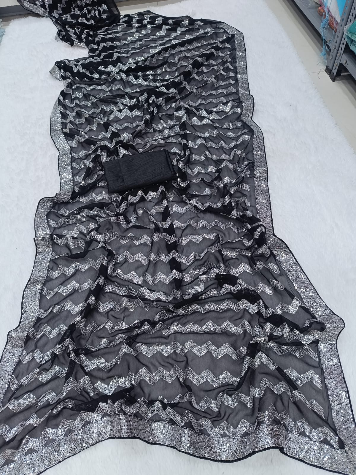 Black Color Sequin Saree in Georgette Fabric