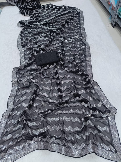 Black Color Sequin Saree in Georgette Fabric