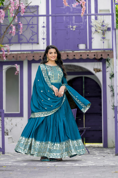 Designer Party Wear Look Gown-Dupatta In Heavy Embroidery Sequence Work