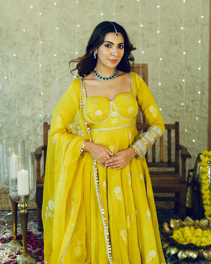 Beautiful Yellow Color Anarakli Gown Chinon Fabric