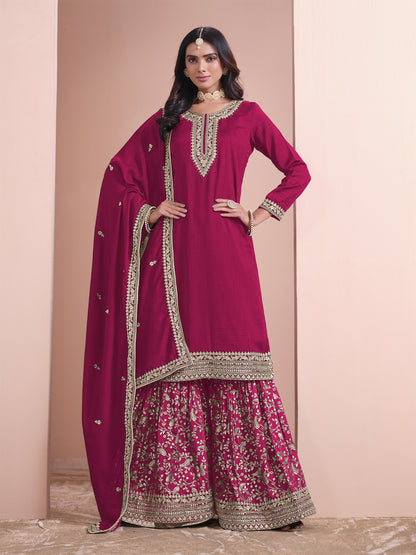 Pink Color Partywear Plazo Suit In Silk Fabric Wedding Function