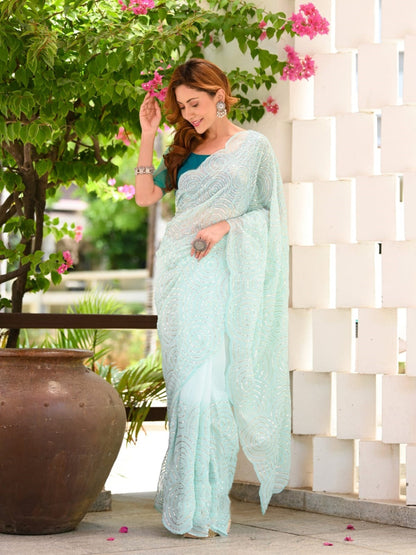 Sky Blue Color Beautiful Fancy Saree For Wedding Function