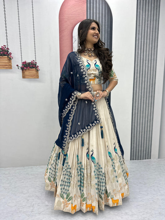 Wedding Wear Lehenga Choli With Cancan In White Cream Color with blue dupatta