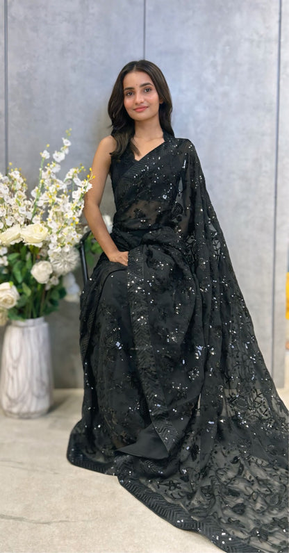 Beautiful Sequance Saree in Black Color In Georgette fAbric