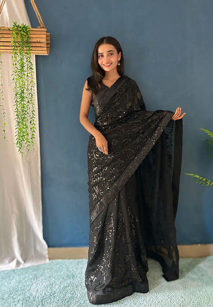 Beautiful Sequance Saree in Black Color In Georgette fAbric