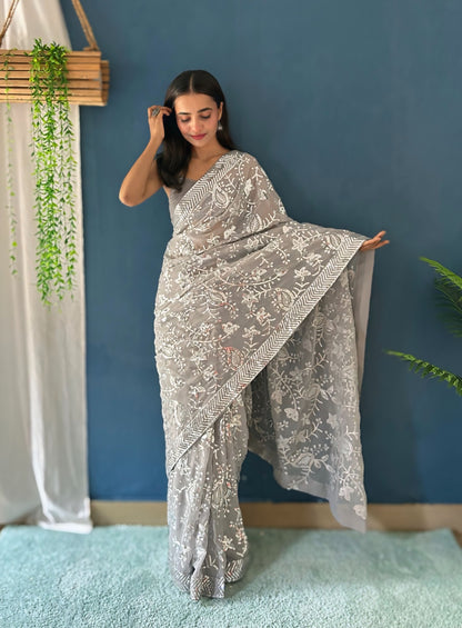 Beautiful Sequance Saree in Grey Color In Georgette fAbric