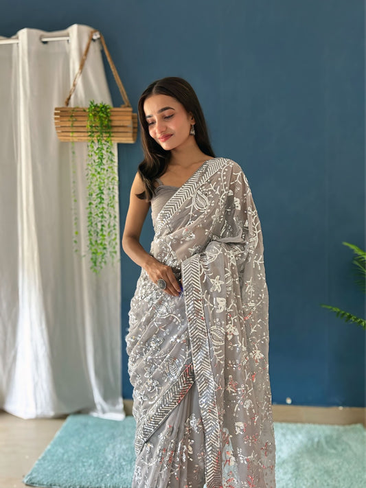 Beautiful Sequance Saree in Grey Color In Georgette fAbric