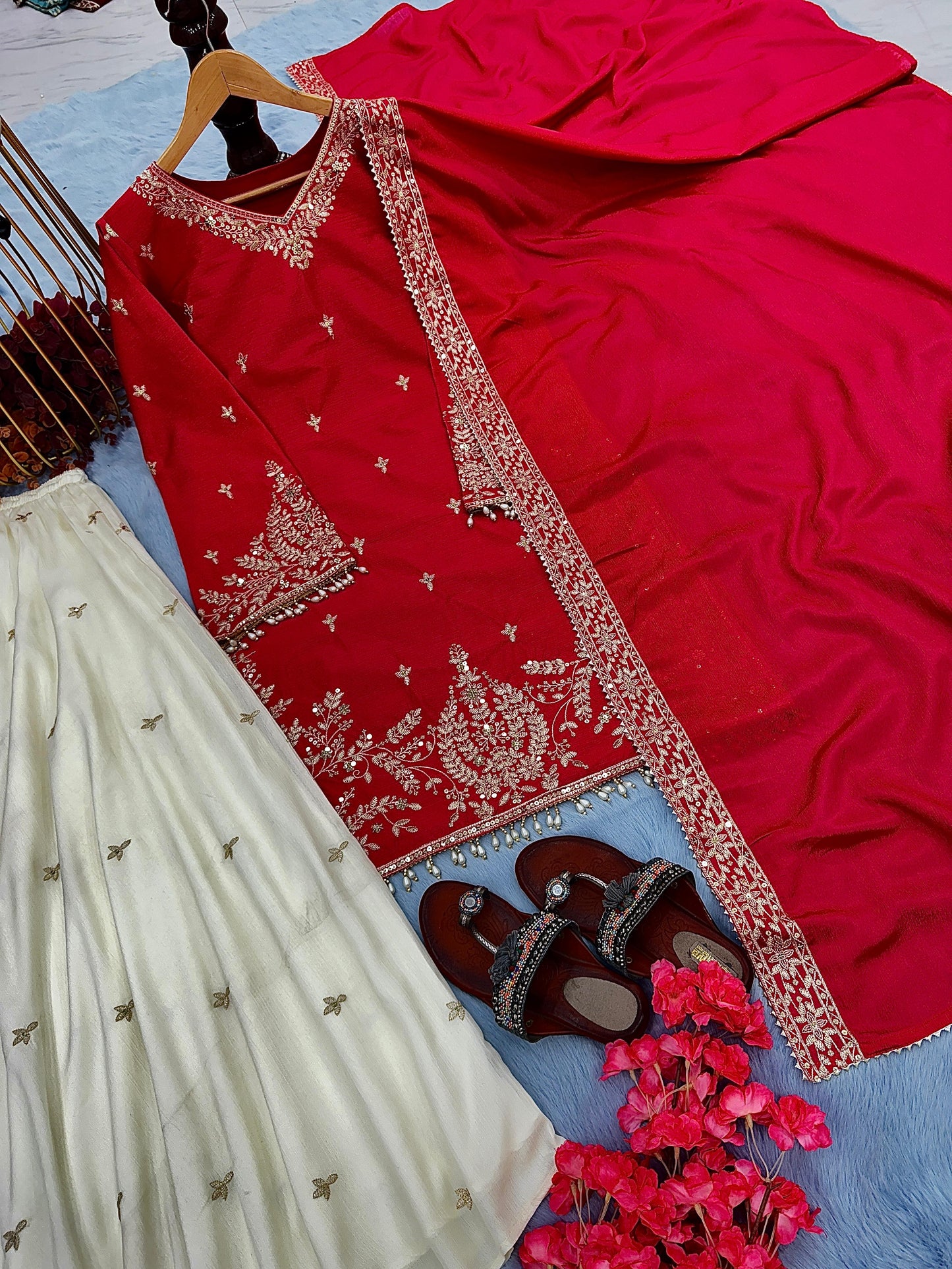 Red Color Beautiful Chinon Fabric Plazo Suit