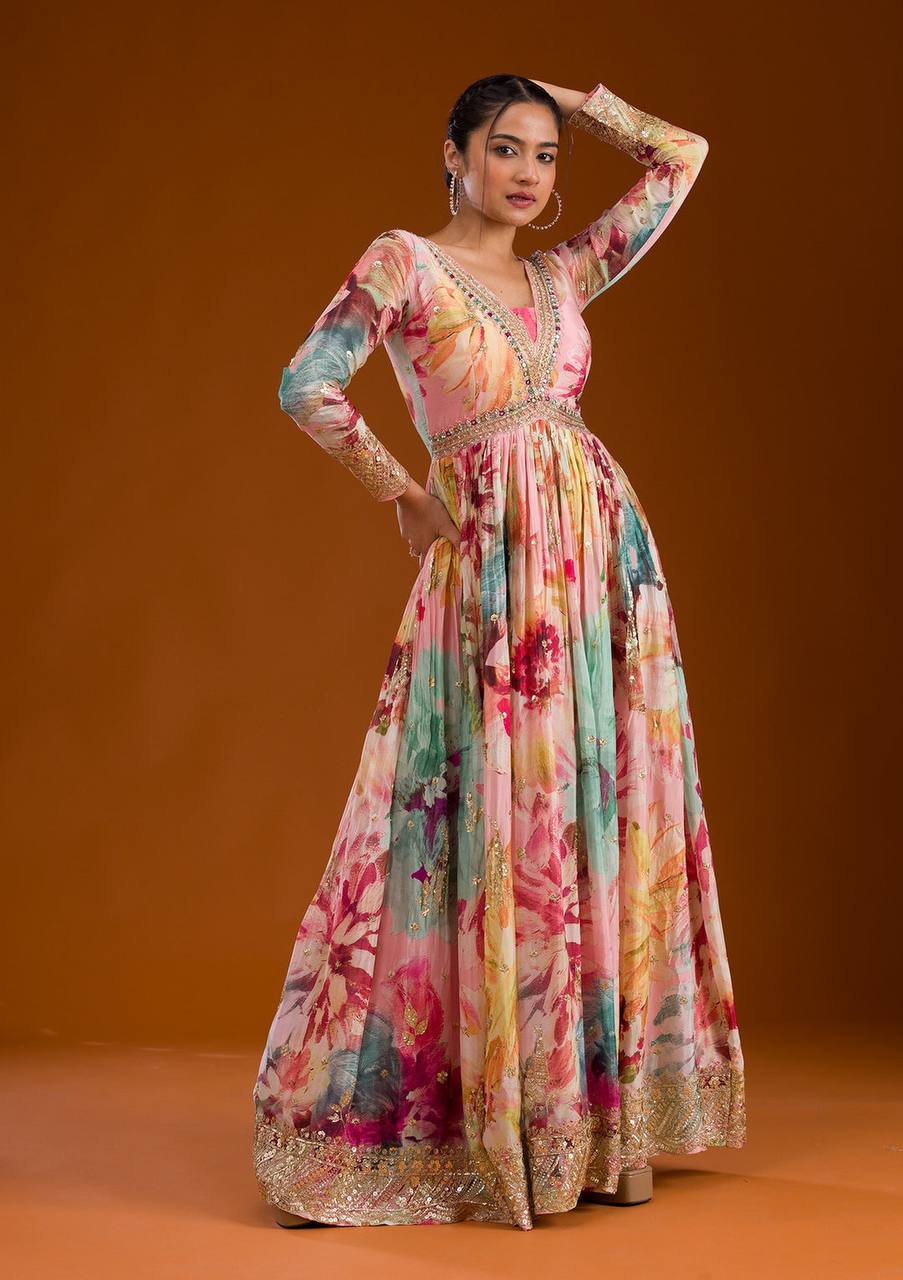 Floral Print Designer Gown in Chinon Silk Fabric
