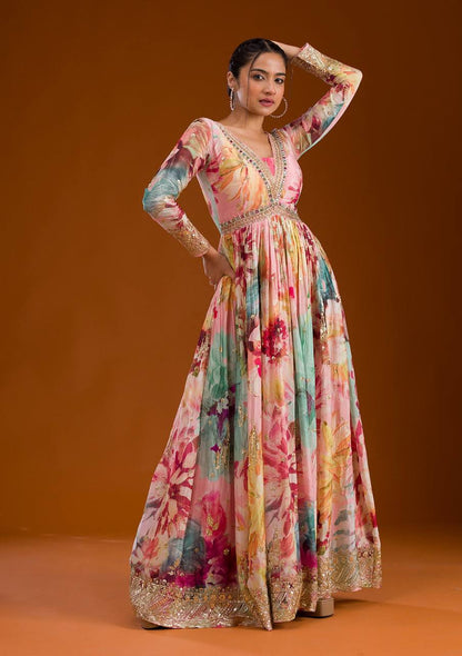 Floral Print Designer Gown in Chinon Silk Fabric
