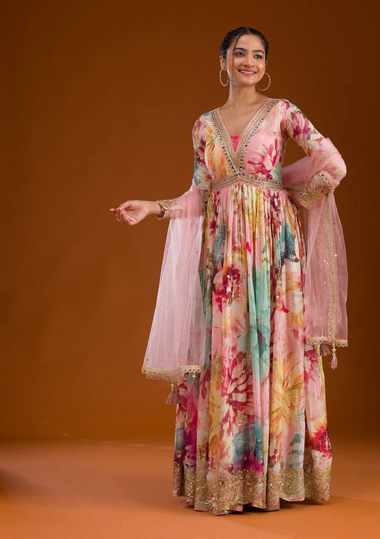 Floral Print Designer Gown in Chinon Silk Fabric