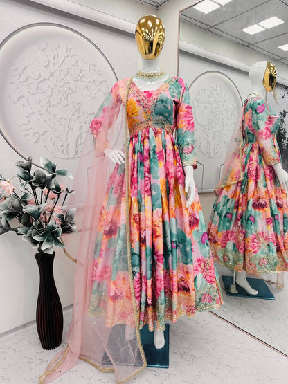 Floral Print Designer Gown in Chinon Silk Fabric