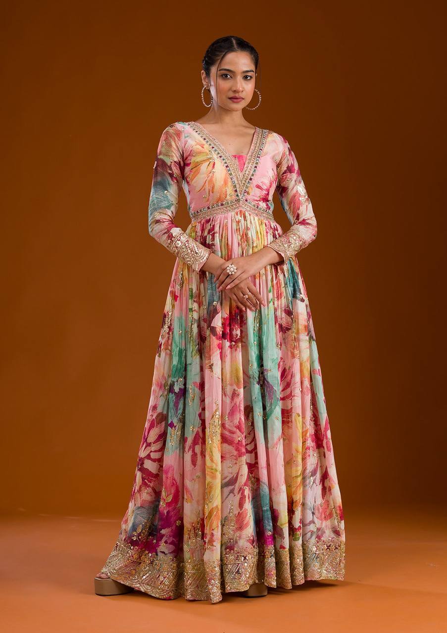 Floral Print Designer Gown in Chinon Silk Fabric