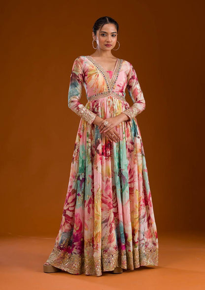 Floral Print Designer Gown in Chinon Silk Fabric