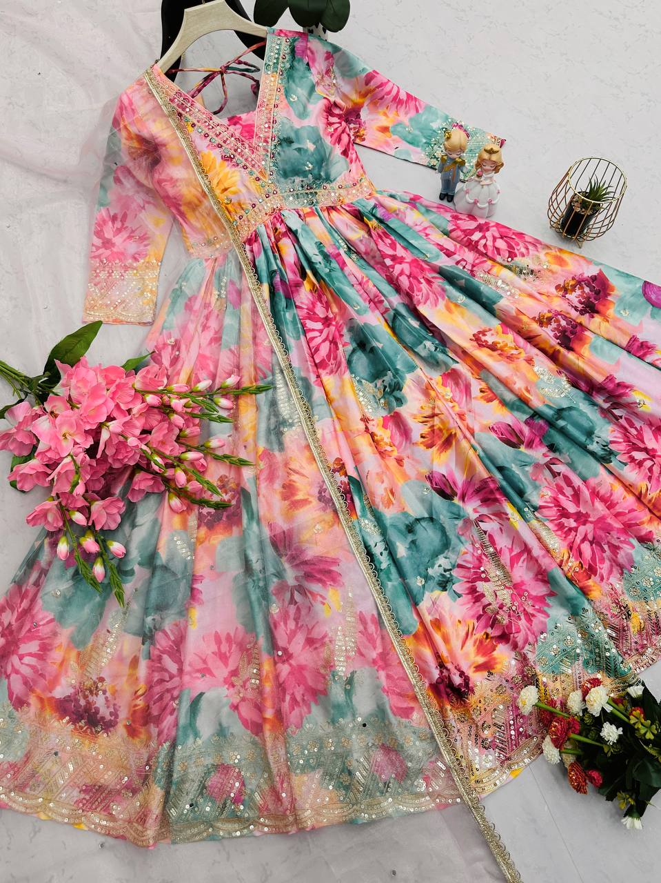 Floral Print Designer Gown in Chinon Silk Fabric