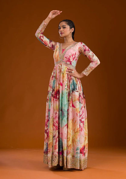 Floral Print Designer Gown in Chinon Silk Fabric