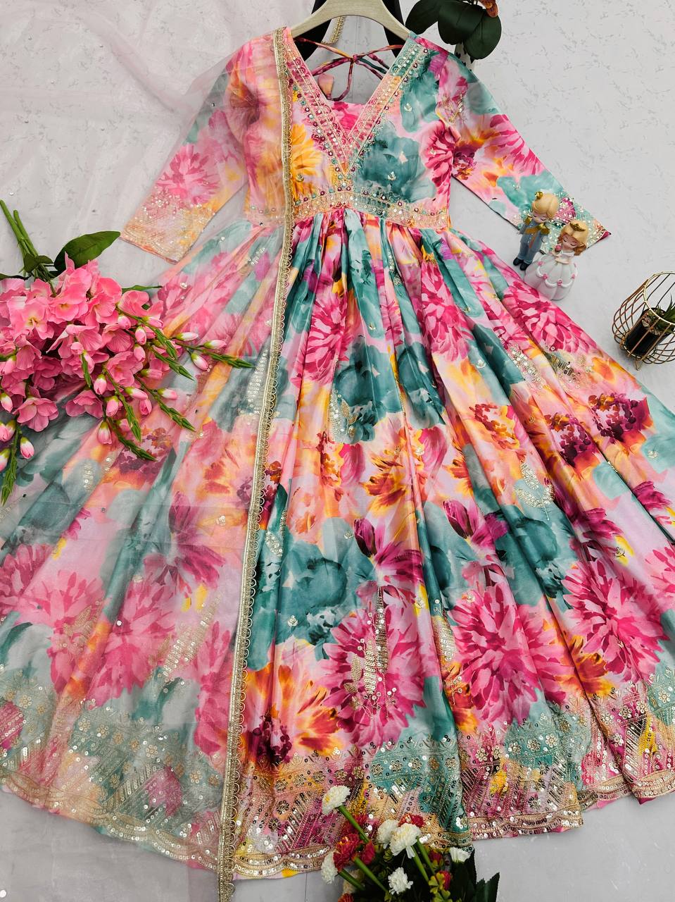 Floral Print Designer Gown in Chinon Silk Fabric