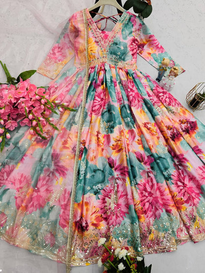 Floral Print Designer Gown in Chinon Silk Fabric