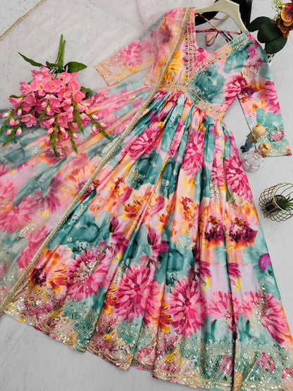 Floral Print Designer Gown in Chinon Silk Fabric