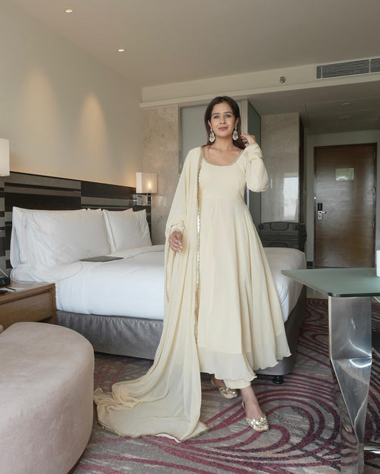 White Color Beautiful Gown In Georgette Fabric with 5.5 meter flair