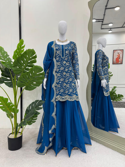 Blue Color Beautiful Sharara Suit For Wedding Function in Georgette Fabric