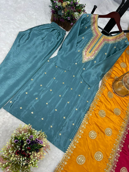 Blue Color Beautiful Partywear Suit In Chinon Fabric