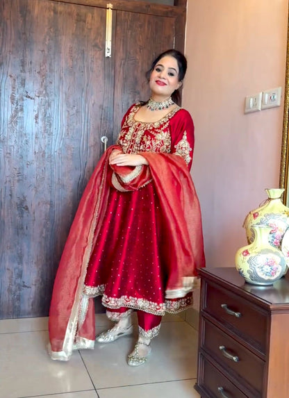 Anarkali Gown in red color in chinon fabric