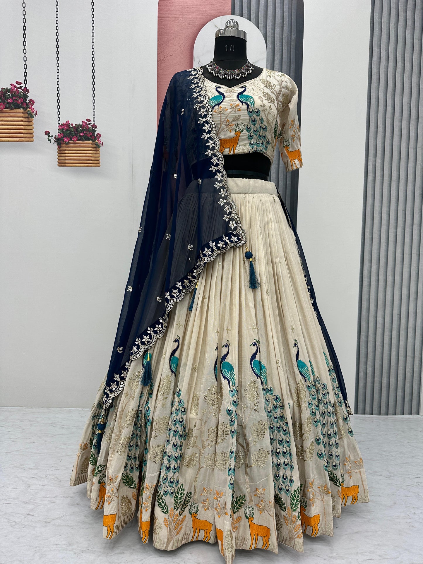 Wedding Wear Lehenga Choli With Cancan In White Cream Color with blue dupatta