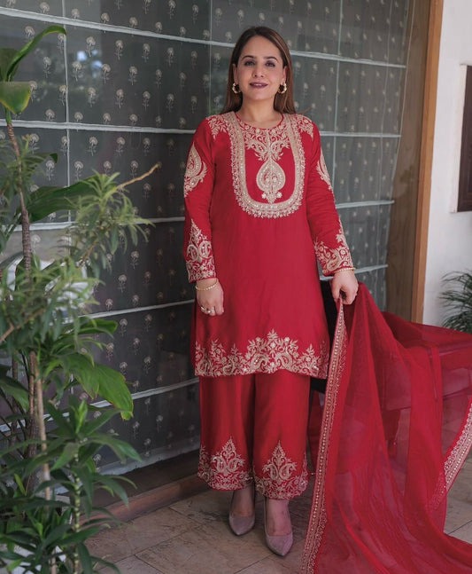 Red color Beautiful Partywear Dress in Chinon SIlk Fabric