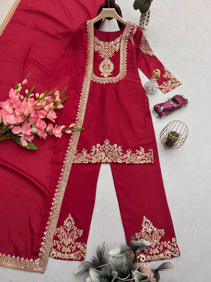 Red color Beautiful Partywear Dress in Chinon SIlk Fabric